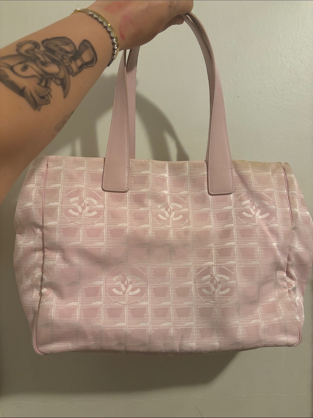 CHANEL Light Pink Quilted Logo Tote